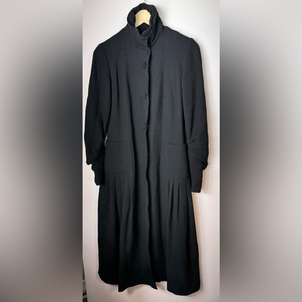 Amelia Toro Black Pleated Waist/ Neck Zip Snap Up Wrist Wool Trench Jacket Sz 4